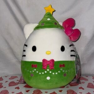 Hello Kitty Squishmallow in Festive Green and Pink Christmas Tree